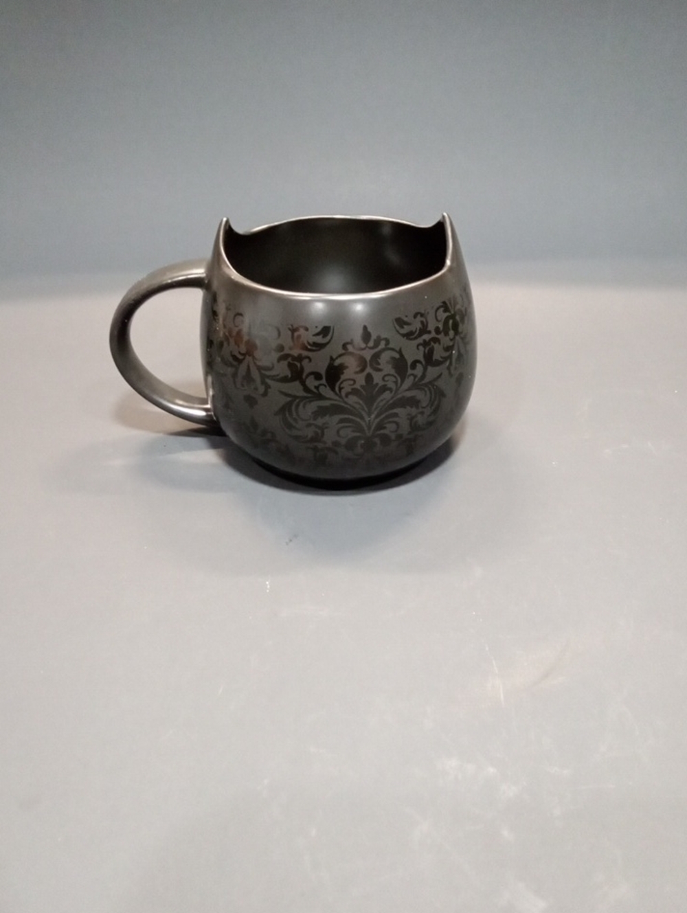 Cat Lady Gray Decorative Ceramic Mug with Floral Scroll Pattern